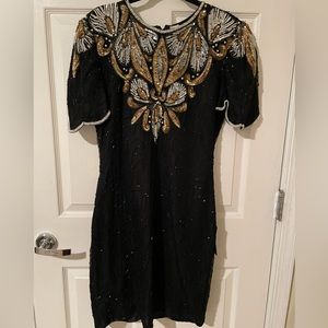 Vintage Dress Woman’s Medium Laurence Kazar black silk sequins cocktail Midi